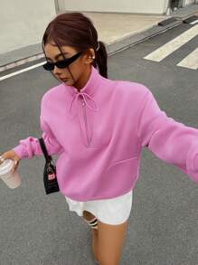 INAWLY Women Solid Color Drop Shoulder Long Sleeve Kangaroo Pocket Half-Placket Casual Sweatshirt, For Spring/Autumn/Winter - Pink - View 5