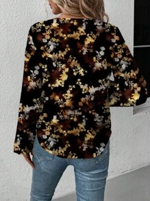 EMERY ROSE Casual Minimalist Women's V-Neck Leaf Pattern Asymmetrical Hem Long Sleeve Shirt, Suitable For Autumn & Winter