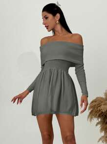Firerie Vestido curto feminino casual simples e elegante com ombros de fora e manga comprida em linha A, adequado para outono/inverno - Cinza escuro - Ver 3