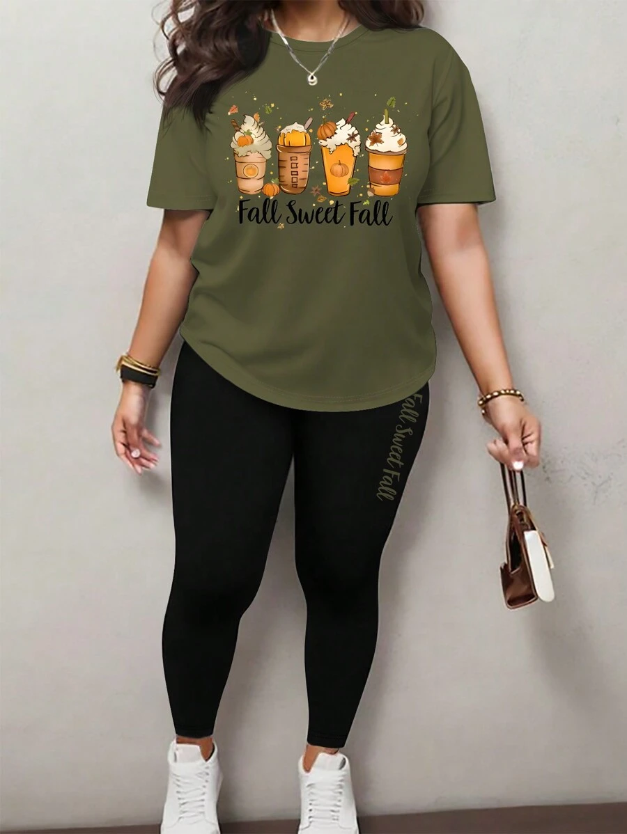 INAWLY Plus Size Women 2pcs Set Halloween Pumpkin Ice Cream & Letter Printing Casual Top & Pants Outfit, Spring/Summer - Green - View 1