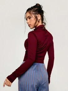 Athîral Áo thun nữ cổ lọ dài tay ôm vừa vặn, mùa thu - Màu Đỏ Sâu - Xem 2