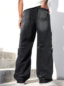 Manfinity Homme Celana Jeans Pria Kasual Model Lurus dengan Detail Sobek - Hitam - View 2