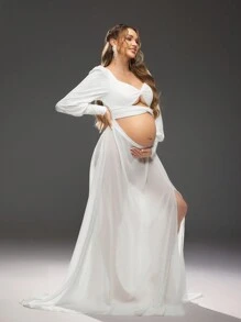 SHEIN Front Knot Design, Lantern Sleeve, Slit Dress Photo Shoot Style Evening Gown