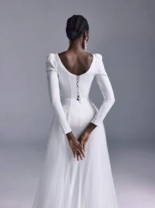 Elitara Elegant White Luxury Satin Deep V Neck Wide Shoulders Leg Of Mutton Sleeves Detachable Skirt Mermaid Skirt Train Suitable For Wedding Festival Bridal Gown Wedding Dress - White - View 5