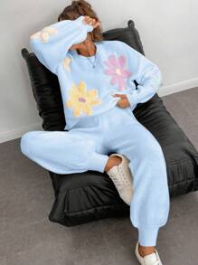 Chiquease Retro Floral Print Loose Crew Neck Lantern Sleeve Sweater Set, Casual And Relaxed Style, Fashionable Design, Suitable For Autumn/Winter - Baby Blue - View 3