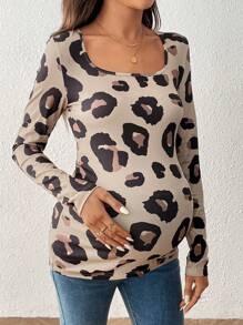 SHEIN Leopard Print Scoop Neck Long Sleeve Casual Maternity T-Shirt, Autumn