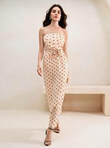 Anewsta Elegant Polka Dot Halter Floral Short Dress With Back Slit, Suitable For Spring/Summer, Festival, Vacation - Pink - View 3