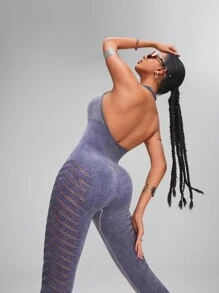 Innovista Combinaison de sport avec structure en filet respirante à effet denim lavé violet, contrôle du ventre et levage des fesses. Combinaisons pour femmes, tenues de sport, automne hiver - Prune - Voir 3