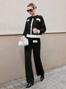 RueChic Women Contrast Hem Detailed Front Button Cardigan & Sweater Pants Set - Multicolor - View 1