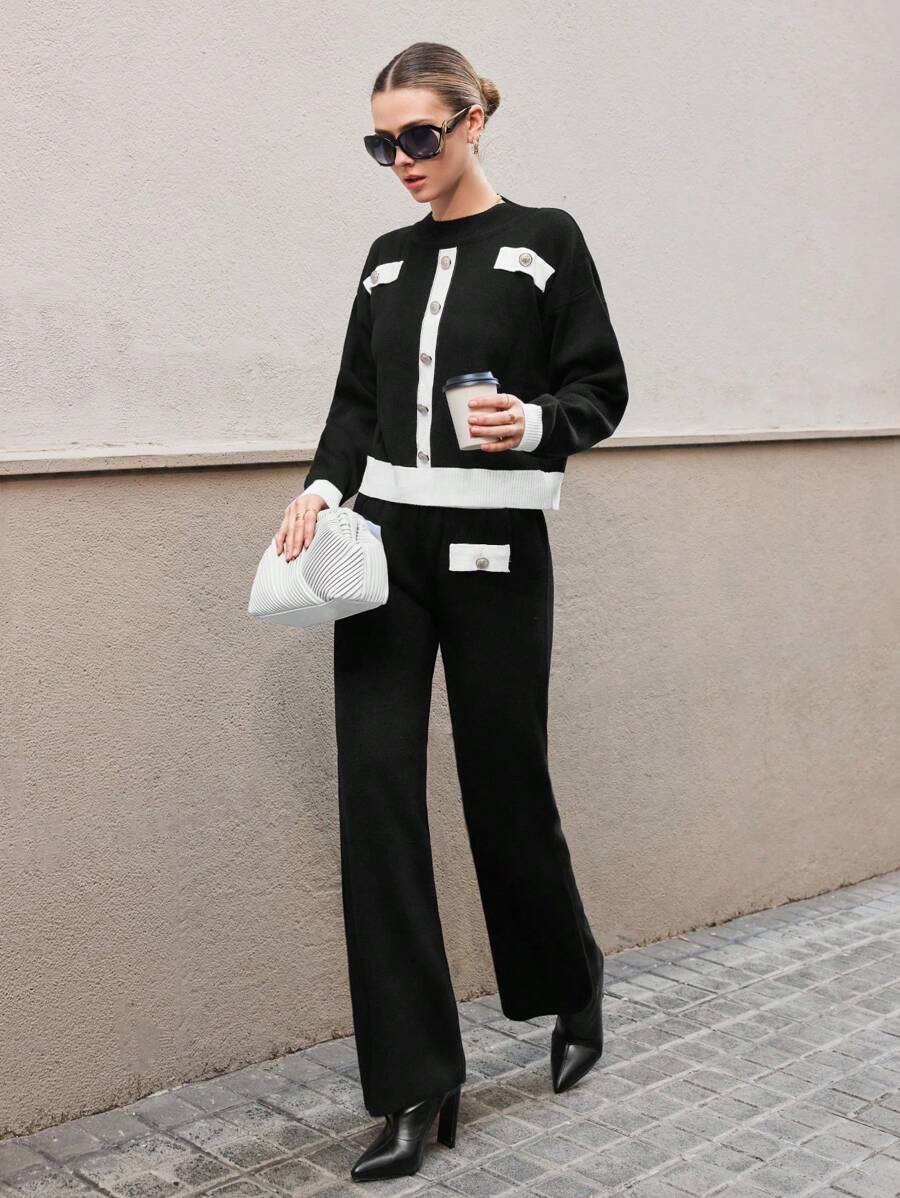 RueChic Women Contrast Hem Detailed Front Button Cardigan & Sweater Pants Set - Multicolor - View 1