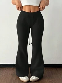 SHEIN PETITE Casual Low-Waist Drawstring Waist Elastic Sports Pants Flared Pants Sweatpants Thermal Lined Composite Velvet Suitable For Autumn And Winter - Black - View 3