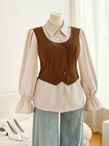 SHEIN Frenchy Plus Size Women Color Block Patchwork Fitted Cardigan, Retro College Style - Khaki - View 5