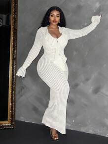 Maweii Plus Size Women Semi-Sheer Textured Ruffle Hem Party Dress Maxi Women Outfit - Beige - View 5