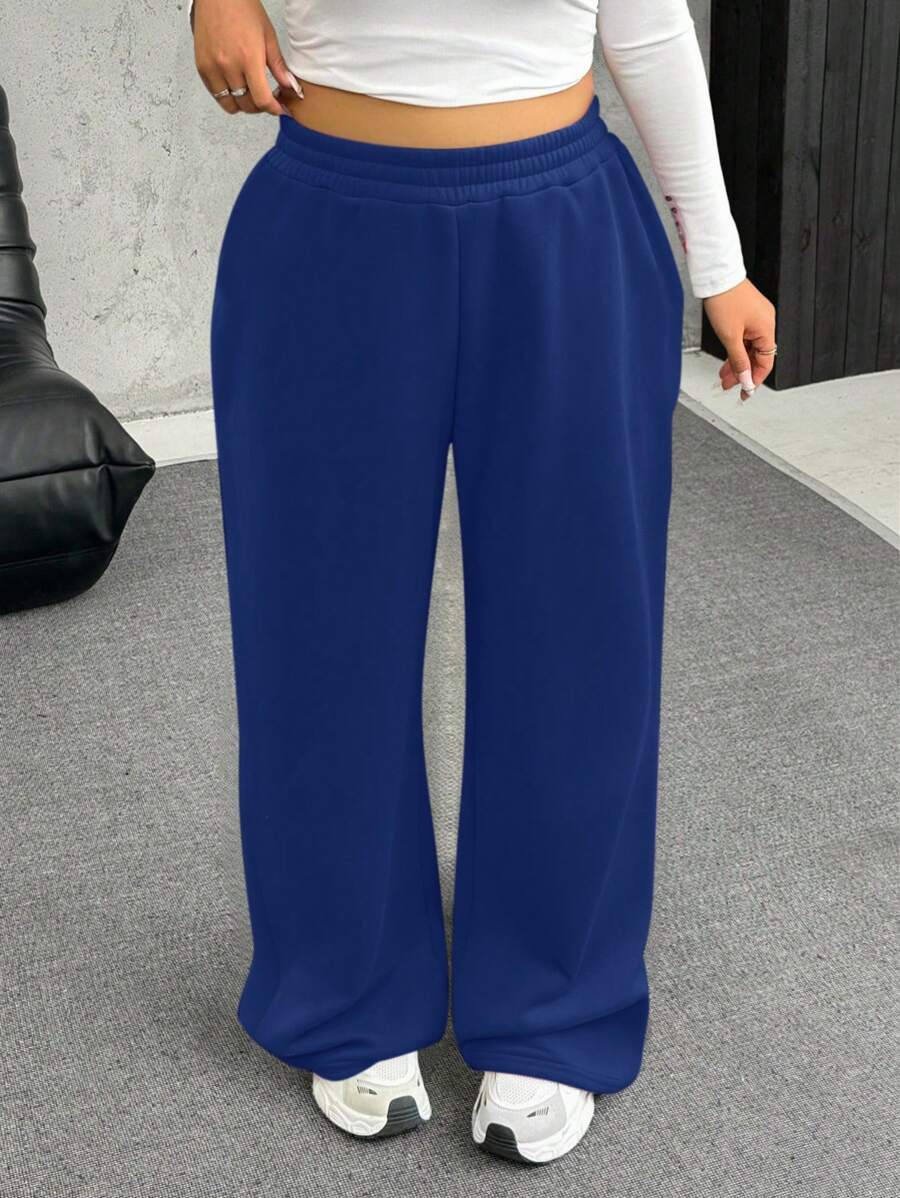 INAWLY 大码女式休闲简约纯色松紧腰宽松阔腿宽松运动裤 - 寶藍色 - 查看 1