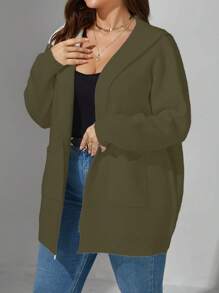 Calvaya Plus Size Women Letter Pattern Casual Drop Shoulder Hooded Cardigan Sweater, Winter Fall Cloth For Women - Green - View 3