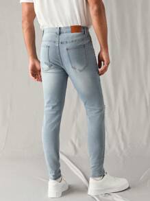 Manfinity Roghcode Men's Light Blue Distressed Washed Denim Casual Skinny Stretch Jeans, Urban Chill - Light Wash - View 2