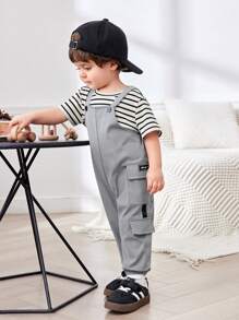 SHEIN Casual Sports Stylish Pockets Letter Printed Overalls For Toddler Boys/Girls, Suitable For Spring & Summer Wear, Indoor & Outdoor - Grey - View 6