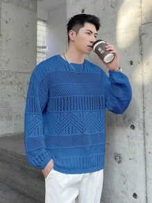Claim Dot Áo len nam cổ tròn tay dài khoét lỗ màu trơn thường ngày, mùa thu/đông - Màu xanh lam - Xem 1