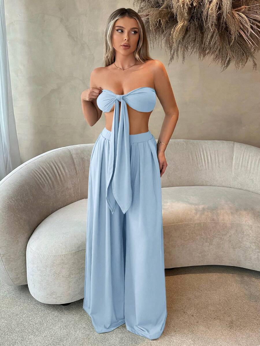 SHEIN SXY Beach;Women's Front Knot Strapless Top And Pants Two Pieces Set Spring Summer Women Clothes Bachelorette Party Spring Break Birthday Outfit Valentine's Day Sexy Outfits - Baby Blue - View 1