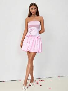 Chiquease Shine Fabric French Romantic Strapless Peplum Hem Mini Dress - Pink - View 3