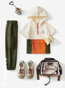 SHEIN Set de haine pentru băiat tânăr, cu glugă, cu glugă, cu mânecă scurtă și pantaloni