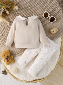 SHEIN BABY Girl Cute Bear Print Sweatshirt With Peter Pan Collar And Floral Pants 2-Piece Infant Toddler Fall Winter Outfits Set - Apricot - View 2
