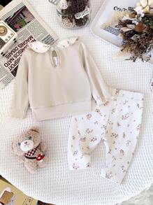 SHEIN BABY Girl Cute Bear Print Sweatshirt With Peter Pan Collar And Floral Pants 2-Piece Infant Toddler Fall Winter Outfits Set - Apricot - View 5