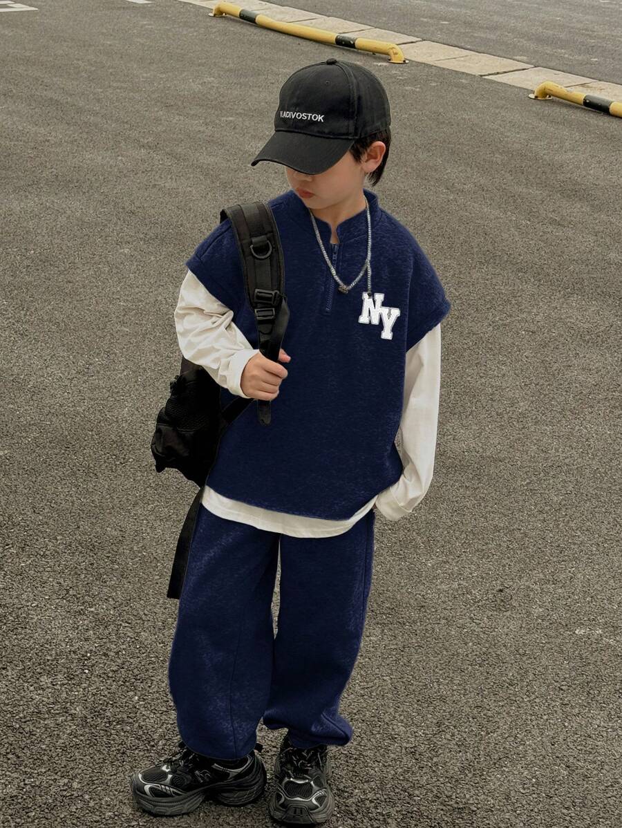 SHEIN Leap Crew 2pcs Kids Tween Boys Casual Letter Print Pullover Hoodie With Vest And Relaxed Fit Drawstring Sweatpants Set - Navy Blue - View 1