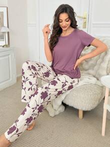 Contrast Color Casual Print Short Sleeve & Long Pants Women's Pajama Set - Red Violet - View 1