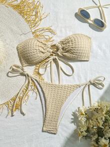 2pcs/Set Women Metallic Material Bandeau Top And Side Tie Swimwear Bottoms Bikini Set, Beach Outfit Summer