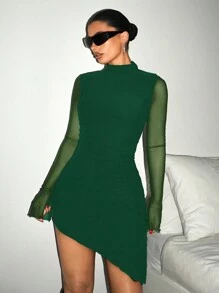 SHEIN ICON Solid Color Long Sleeve Mesh Overlay Casual Dress, Minimalist & Fashionable For Daily Wear - Dark Green - View 4