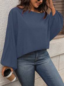 SHEIN CURVE+ Plus Size Solid Color Asymmetric Collar Long Sleeve Casual Loose Shirt - Dusty Blue - View 4