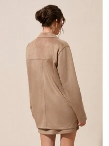 EURMUSE Urban Chic Double-Breasted Nubuck Light Jacket & Mini Skirts Two-Pieces Set - Camel - View 2