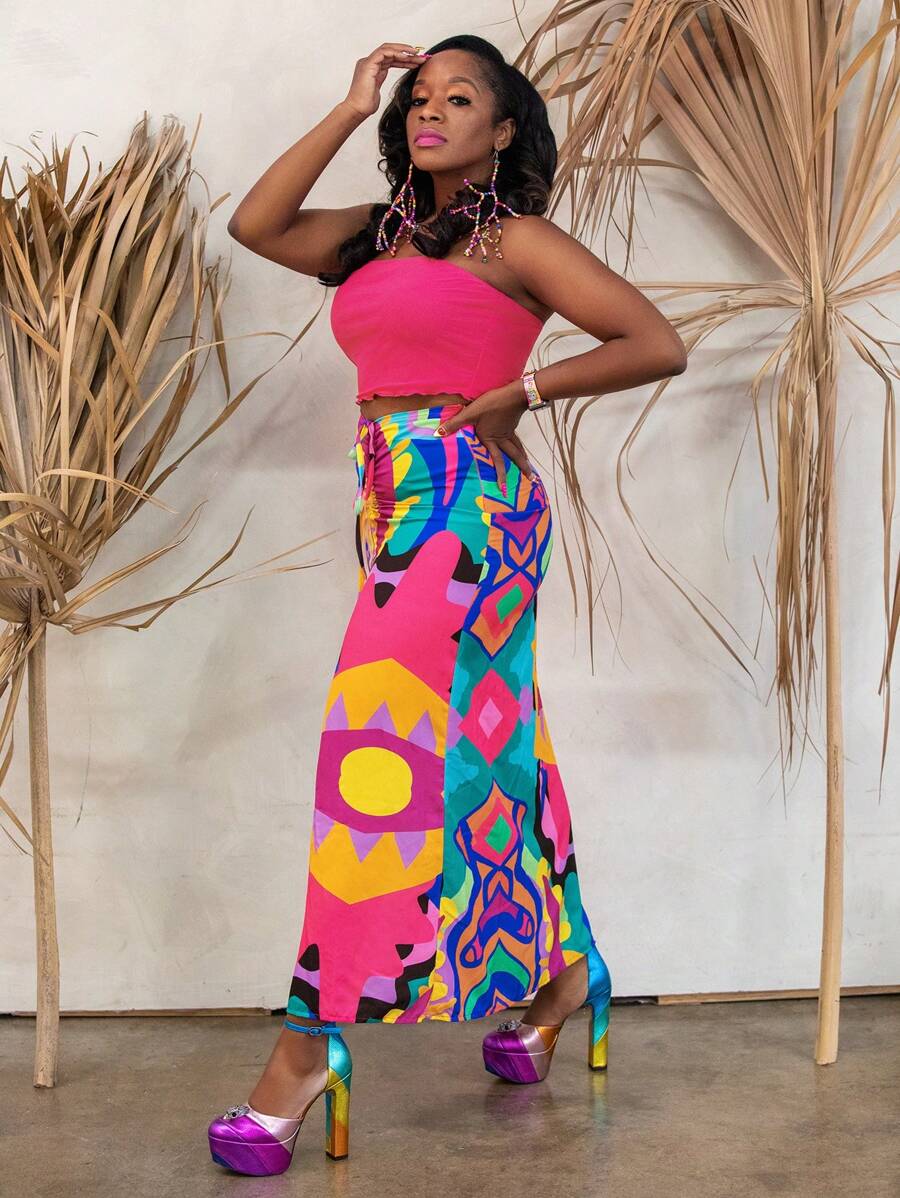 Abeille Creations Designer Boho Bohemian Summer Colorful Abstract Print Chiffon Drawstring Long Skirt, Going Out, Vacation, Beach, Festival, Ibiza Fits - Multicolor - View 1