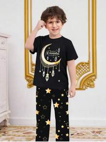 Teen Boys Summer New Funny Star & Moon Eid Al-Fitr Theme Pattern Round Neck Short Sleeve Top With Pants Pajama Set - Multicolor - View 1