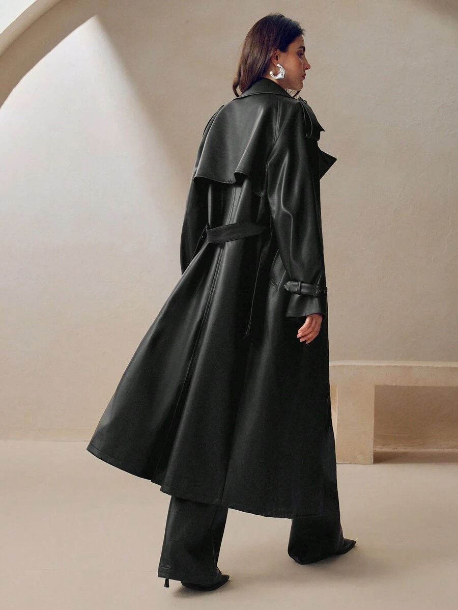 SHEIN X Lucía Bellido 女士安哥拉红色单排扣长款风衣，优雅现代风格，适合春秋季节 - 黑色 - 查看 1