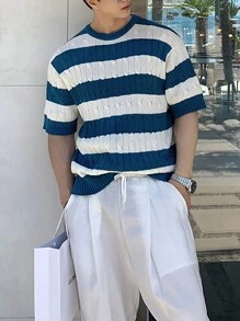 Claim Dot 男士双色拼色粗针织上衣，时尚外出，送给朋友 - 藍白色 - 查看 4