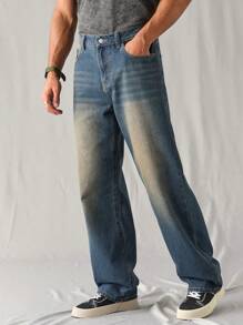Manfinity Hypemode Men's Dark Blue Vintage Washed Loose Fit Straight Leg Jeans - Dark Wash - View 6