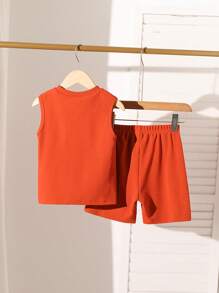 SHEIN 2pcs/Set Young Boy Cute Minimalist School Style Casual Sports Top And Shorts Set, Summer Summer Holiday - Burnt Orange - View 2