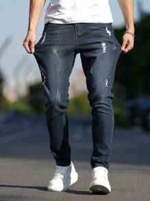 Manfinity LEGND Men's Pocket Ripped Skinny Casual Fashionable Denim Jeans - Blue - View 3