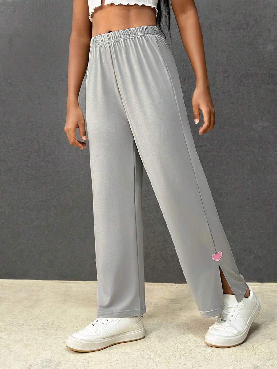 Tween Girls' Grey Straight Leg Wide Leg Split Hem Sweatpants, With Relaxed Comfortable Design And Unique Details - Light Grey - View 1