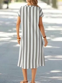 EMERY ROSE Váy ngắn tay họa tiết hoa sọc cổ chữ V mùa hè cho nữ - Xám - Xem 2