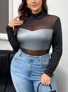 SHEIN Privé Body de dimensiuni plus confortabile, casual, elastic, din plasă din PU, cu mânecă lungă, neagră, potrivită pentru doamnele de începutul toamnei - Gri inchis - Vizualizare 5