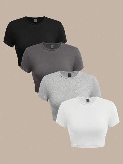 SHEIN BASICS 4pcs/Set Casual Plain Knit Round Neck Short Sleeve Fitted Cropped Women T-Shirts/Summer