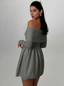 Firerie Vestido curto feminino casual simples e elegante com ombros de fora e manga comprida em linha A, adequado para outono/inverno - Cinza escuro - Ver 2