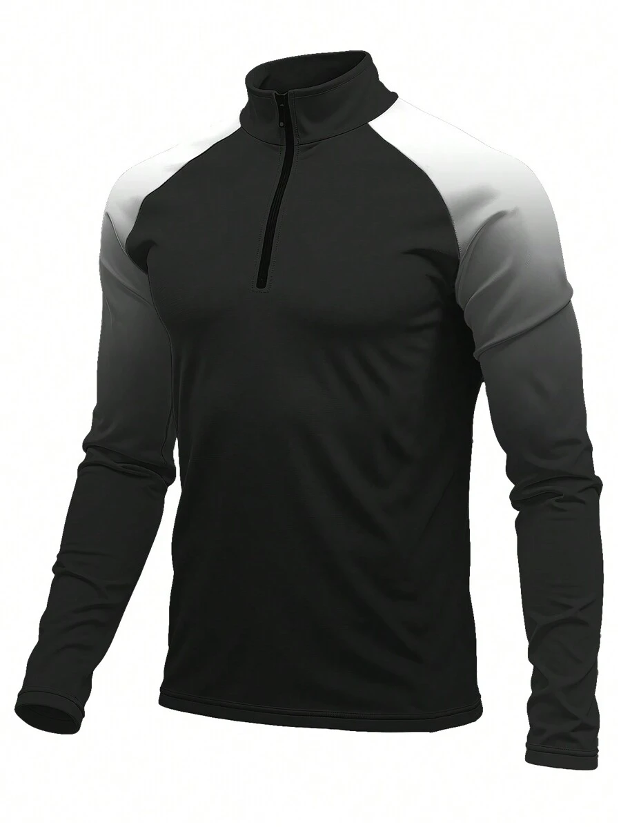 Manfinity Fitness Men's Ombre Raglan Sleeve Zip-Up Half Placket Pullover Sweatshirt Sports Jacket - Black - View 1