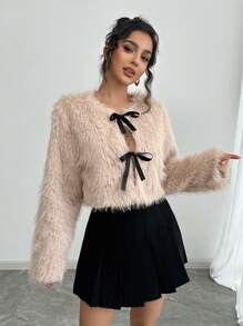 Firerie 女士优雅新年冬季外套，蝴蝶结前蓬松外套，冬季新款米色蓬松领保暖外套，女士冬季外套优雅、温暖、百搭、商务通勤、日常休闲、宽松翻领外套、返校节服装、人造毛皮纯色长袖蓬松夹克蓬松外套 - 杏色 - 查看 1