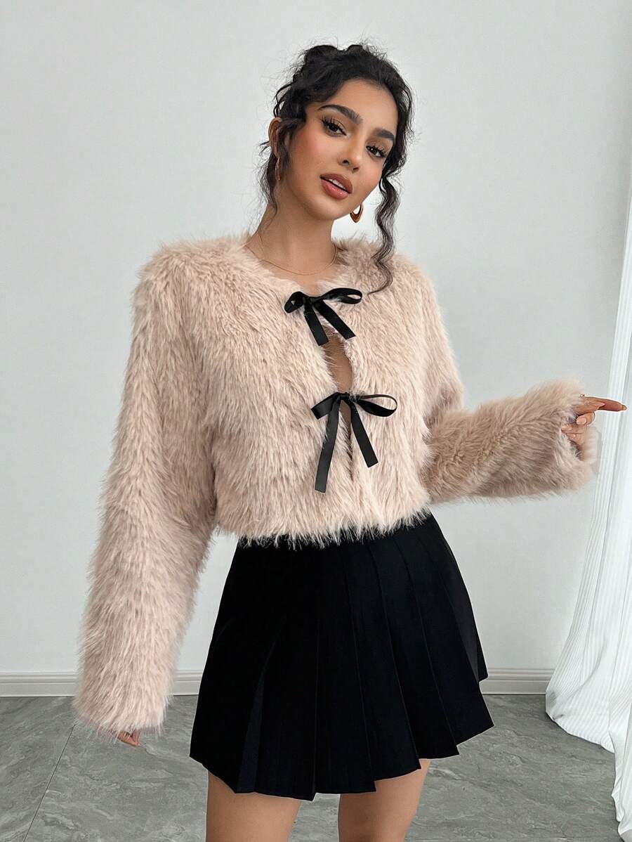 Firerie 女士优雅新年冬季外套，蝴蝶结前蓬松外套，冬季新款米色蓬松领保暖外套，女士冬季外套优雅、温暖、百搭、商务通勤、日常休闲、宽松翻领外套、返校节服装、人造毛皮纯色长袖蓬松夹克蓬松外套 - 杏色 - 查看 1