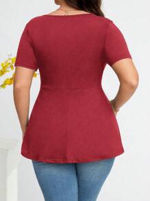 SHEIN Clasi Plus Size Women V-Neck Short Sleeve Pleated Casual T-Shirt, Solid Color - Red - View 2