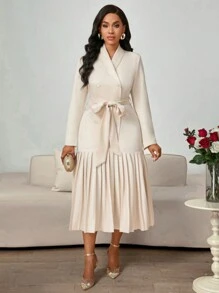 SHEIN Lady Women Mid-Length Solid Color Long Sleeve Casual Dress, Minimalist Fashion For Everyday Wear Spring Autumn And Winter Elegant Commuting Wedding Office Pleated Belted Button Front Formal Dress Professional Elegant Dress